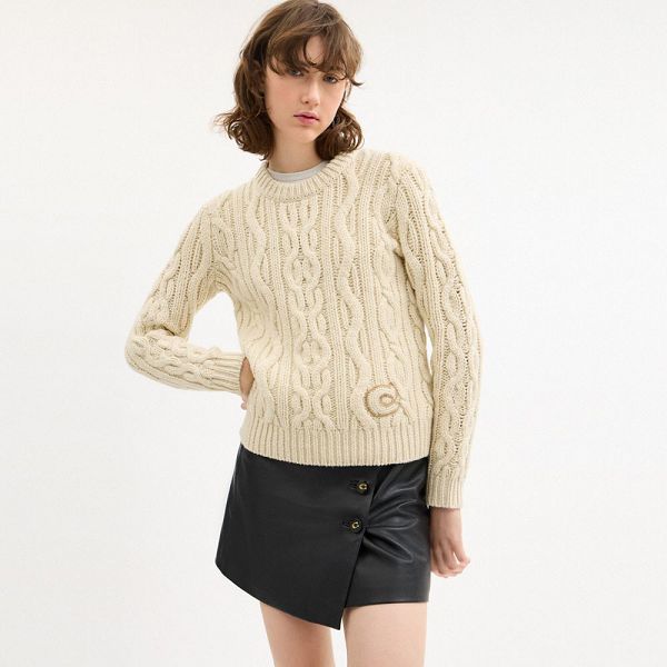 Dámské Svetr Coach Cable Knit Crewneck Krém | 1396754-CZ